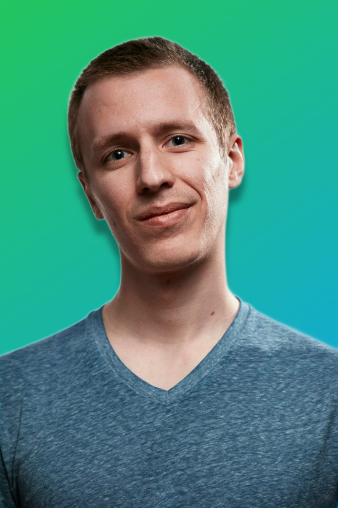 Photo with a mint-to-sky-blue gradient background